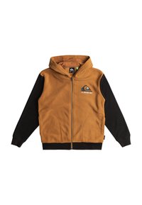 Fleece zip-up hoodie met een bruine romp en zwarte mouwen. Beschikt over een kangoeroezak en een logo op de borst. Zachte textuur.