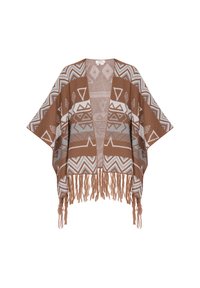 Brauner gewebter Poncho mit geometrischen Mustern in Cremetönen und Grau. Mit offenem Frontbereich und fransigem Saum. Weiche Textur mit lockerem Schnitt.