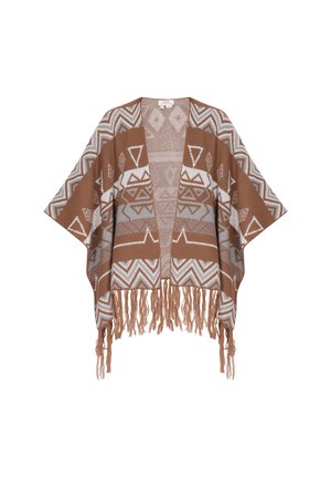 Poncho tejido marrón con patrones geométricos en crema y gris. Cuenta con un frente abierto y un dobladillo con flecos. Textura suave con un ajuste relajado.