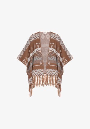 Brauner gewebter Poncho mit geometrischen Mustern in Cremetönen und Grau. Mit offenem Frontbereich und fransigem Saum. Weiche Textur mit lockerem Schnitt.