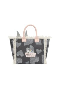 Borsa in tela con manici rosa, design a cuore e a motivi in nero e grigio, rifinitura a frange e logo "Looney Tunes".