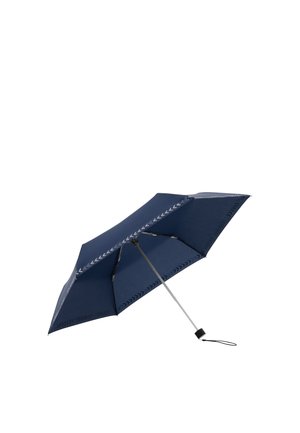 Compact navy blue umbrella open with silver shaft and black handle featuring wrist strap, isolated on white background.