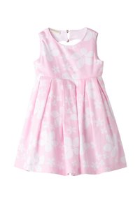 Rosa ärmelloses Kleid mit weißem Blumenmuster, plissiertem Rock und rundem Ausschnitt. Verfügt über ein Schlüsselaugen-Detail hinten mit einem Hakenverschluss.