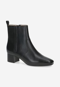 Bottes chelsea en cuir noir avec un bout pointu, une fermeture éclair sur le côté et un talon épais. Texture lisse avec des détails de couture minimaux.