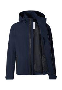 Veste à capuche bleu marine avec fermeture éclair frontale partiellement ouverte, doublure intérieure en mesh, et poches zippées sur les manches et les côtés.