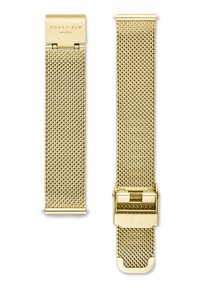 Correa de reloj de malla dorada con un patrón texturizado, herrajes suaves y un cierre con el nombre de la marca grabado. Longitud ajustable.