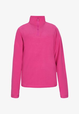 Fleece pulóver élénk rózsaszínben, félcipzáros gallérral, hosszú ujjakkal és sima textúrával, a kényelem és a melegség érdekében tervezve.