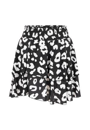 Svart-hvitt lagdelt miniskjørt med elastisk midjebånd, med et abstrakt leopardmønster.