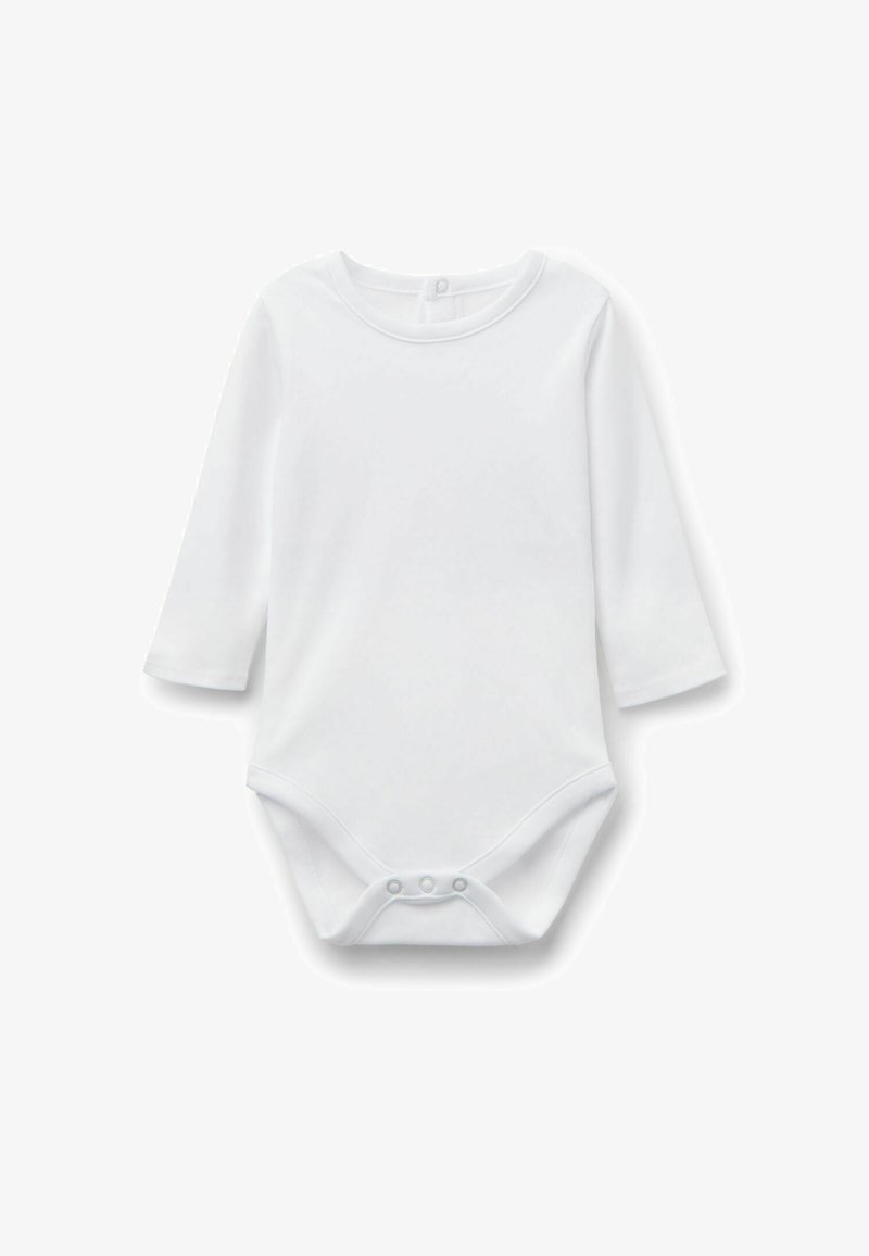 Biały body z długim rękawem wykonane z miękkiej bawełny, z okrągłym dekoltem i zapięciami na napy na dole, co ułatwia ubieranie.