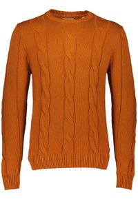 Oranger Strickpullover mit Kabelmuster, Rundhalsausschnitt, gerippten Bündchen und Saum. Der Stoff wirkt weich mit einer strukturierten Oberfläche.
