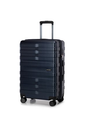 Hard-shell suitcase in dark navy with a textured finish, featuring horizontal ridges, a retractable handle, and four rolling wheels.