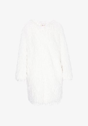 Weißer, langärmeliger, pelziger Mantel mit faseriger Textur, ohne Kragen und in lockerer Passform, vor einem weißen Hintergrund präsentiert.