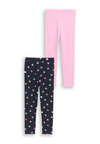 Dwie pary legginsów: jedne w jednolitym różowym kolorze, drugie granatowe, ozdobione kolorowymi groszkami. Obie wykonane z miękkiego, elastycznego materiału.