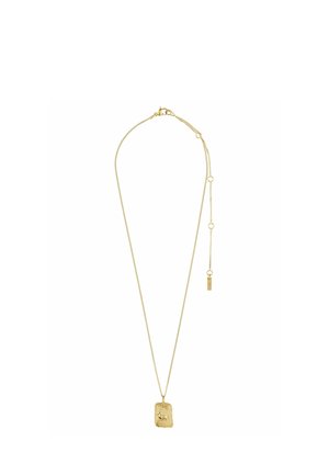 Zlatý náhrdelník s texturovaným obdélníkovým přívěskem a jemným řetízkem, s karabinovým zapínáním a nastavitelnou délkou.