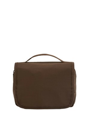 Kompakte braune Reisekosmetiktasche mit einem oberen Griff und Reißverschlussverschluss, aus strapazierfähigem gitterartigem Stoff gefertigt.