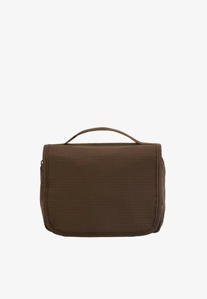 Kompakte braune Reisekosmetiktasche mit einem oberen Griff und Reißverschlussverschluss, aus strapazierfähigem gitterartigem Stoff gefertigt.