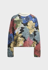 Sweat-shirt Adidas à manches longues avec grand imprimé floral coloré en bleu, jaune, rouge, vert et noir sur fond blanc.