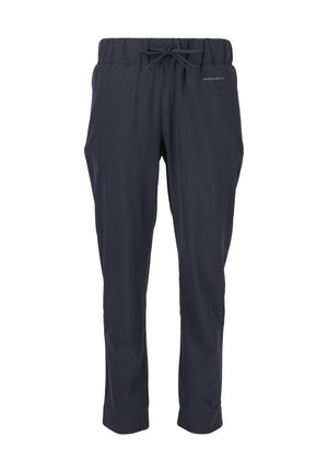 Pantaloni sportivi blu navy con elastico in vita e cordino regolabile. Tessuto liscio e leggero con gambe affusolate e senza tasche.