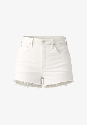 Shorts en denim blanc avec ourlets effilochés, fermeture à bouton et zip sur le devant, passants de ceinture, et style à cinq poches.