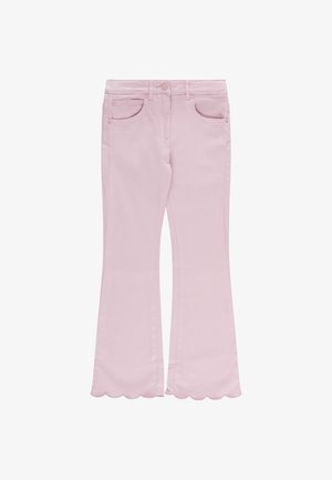Jeans a palazzo rosa chiaro con orli scallopati, due tasche frontali e chiusura con bottone. Tessuto morbido e liscio.