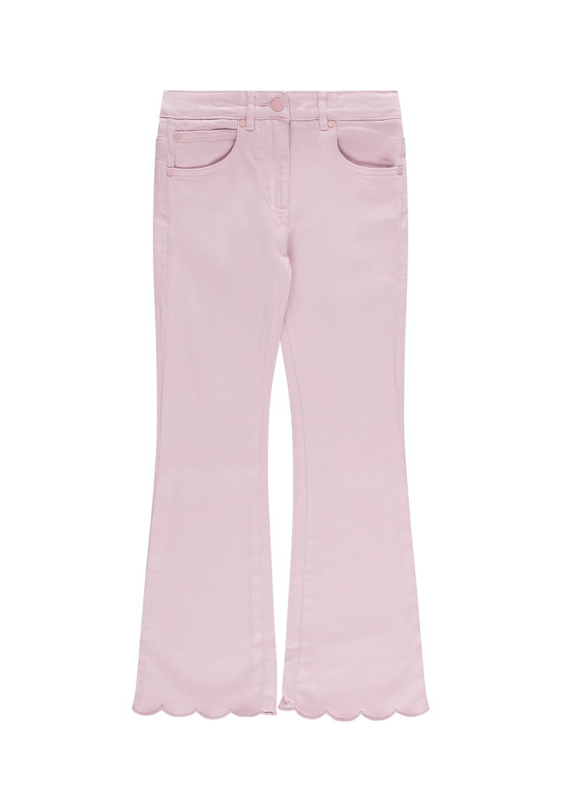 Jeans a palazzo rosa chiaro con orli scallopati, due tasche frontali e chiusura con bottone. Tessuto morbido e liscio.
