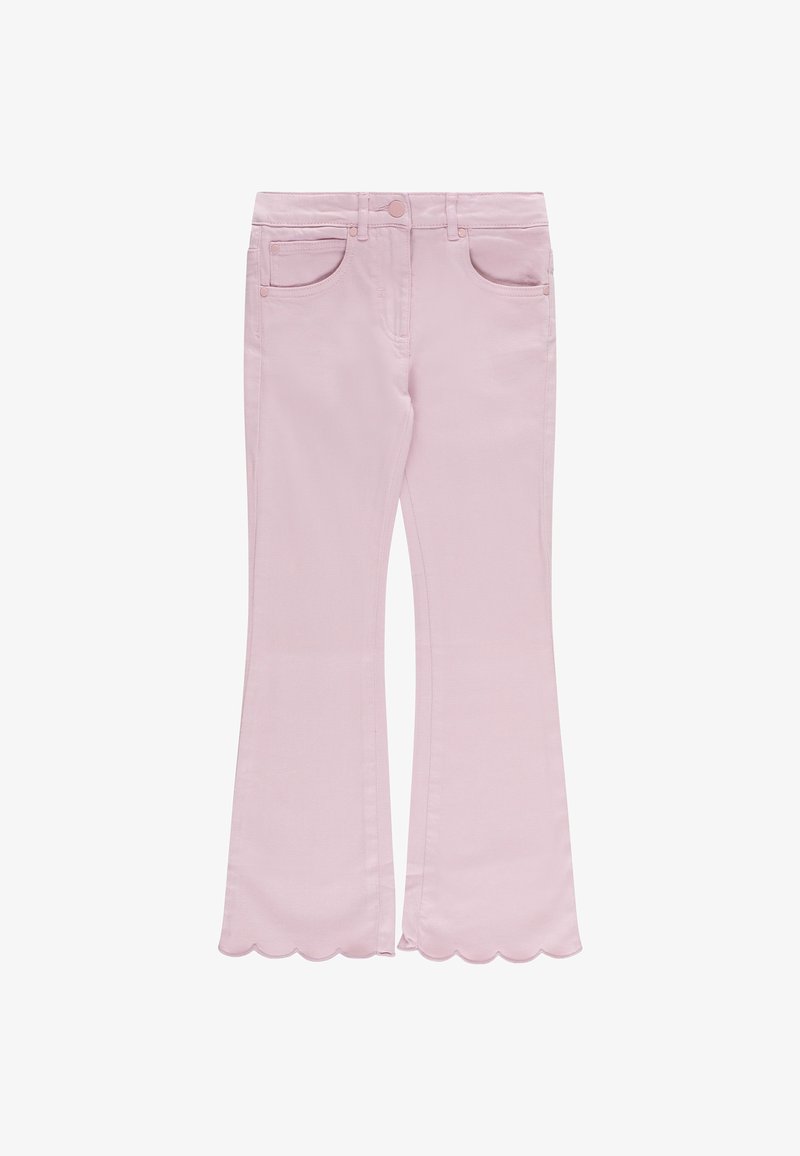 Jeans a palazzo rosa chiaro con orli scallopati, due tasche frontali e chiusura con bottone. Tessuto morbido e liscio.