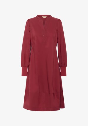 Mörkröd långärmad klänning med placket-krage, ballongärmar med elastiska manschetter och en rynkad nederkant. Slätt, lättviktigt tyg.