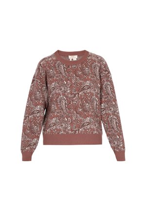 Piros paisley mintázatú pulóver hosszú ujjakkal, kerek nyakkivágással, és bordás mandzsettákkal és aljjal. Puha szövettextúra.