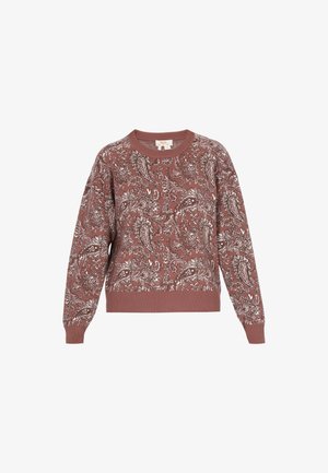 Rød paisley-mønstret sweater med lange ærmer, rund halsudskæring og ribbede manchetter og kant. Blød stofstruktur.