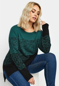 Zielony i czarny sweter dzianinowy z teksturowanym wzorem, okrągłym dekoltem i długimi rękawami, z ryflowanym wykończeniem i bocznymi rozcięciami.