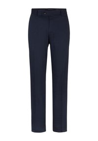 Marinblå byxor med en slät yta, skräddarsydd design och knäppning. Har en klassisk rak passform och inga mönster.