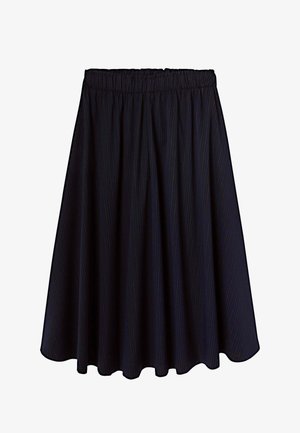 Jupe noire avec une ceinture élastique, présentant des rayures verticales fines. Le tissu est léger et tombe parfaitement, s'arrêtant juste au-dessus du genou.