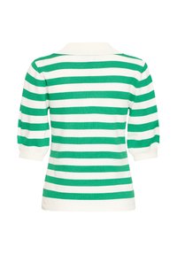 Zöld és fehér csíkos pulóver, gallérral, háromnegyedes ujjakkal, texturált kötött anyagból, bordás mandzsettákkal és szegéllyel.