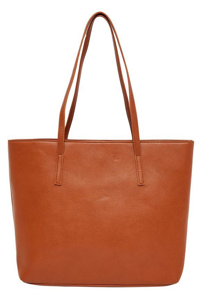 Bolso tote de cuero marrón con doble asa, de forma rectangular, acabado texturizado y hardware mínimo. Diseño espacioso y sencillo.