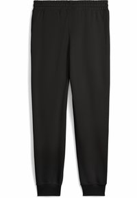 Zwarte sweatpants gemaakt van zachte stof, met een elastische tailleband en boorden, die een relaxte pasvorm en een gladde textuur bieden.