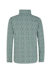 Maglia a maniche lunghe in tessuto verde chiaro con un motivo a granelli neri, caratterizzata da un colletto alto e una vestibilità dritta.