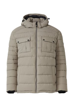 Chaqueta acolchada beige con cuello alto y capucha ajustable. Presenta dos bolsillos en el pecho, bolsillos laterales y un cierre frontal con cremallera.