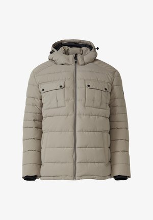 Bežová prešívaná bunda s vysokým golierom a nastaviteľnou kapucňou. Obsahuje dve náprsné vrecká, bočné vrecká a predný zips.