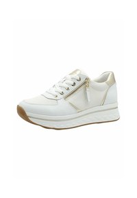 Sneaker bianco con accenti dorati, caratterizzato da una parte superiore testurizzata, punta rotonda, chiusura con lacci, zip laterale e una suola bianca imbottita con battistrada decorato.