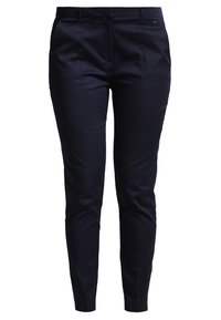 Pantalon formel bleu marine coupe slim avec passants de ceinture et poches avant, présenté sur fond blanc.
