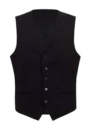 Czarna elegancka kamizelka na pięć guzików z dwoma przednimi kieszeniami, dopasowany krój, bez rękawów z kołnierzem w szpic.