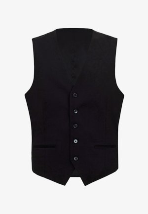 Gilet formel noir à cinq boutons avec deux poches passepoilées à l'avant, coupe ajustée, sans manches avec un col en V.