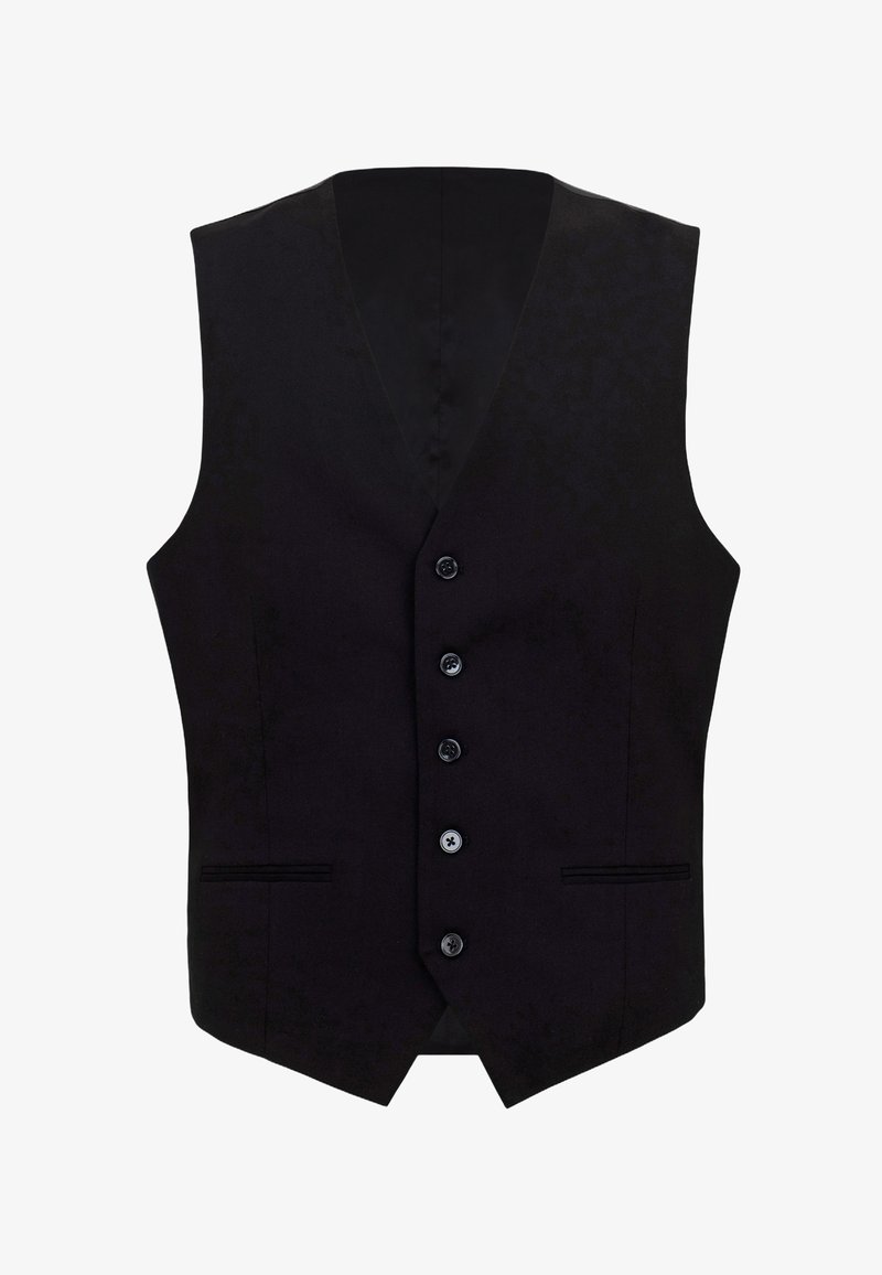 Schwarze formelle Weste mit fünf Knöpfen und zwei vorderen Leistentaschen, taillierter Schnitt, ärmellos mit V-Ausschnitt.