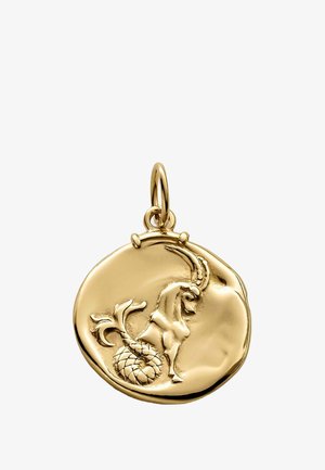 Colgante de oro con un diseño en relieve de un unicornio con una melena y cola ondulantes, situado sobre un fondo circular liso.