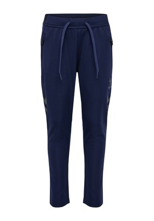 Navy blauwe joggingsbroeken van zachte stof, met een elastische tailleband met een trekkoord, zijzakken en contrasterende grijze strepen.