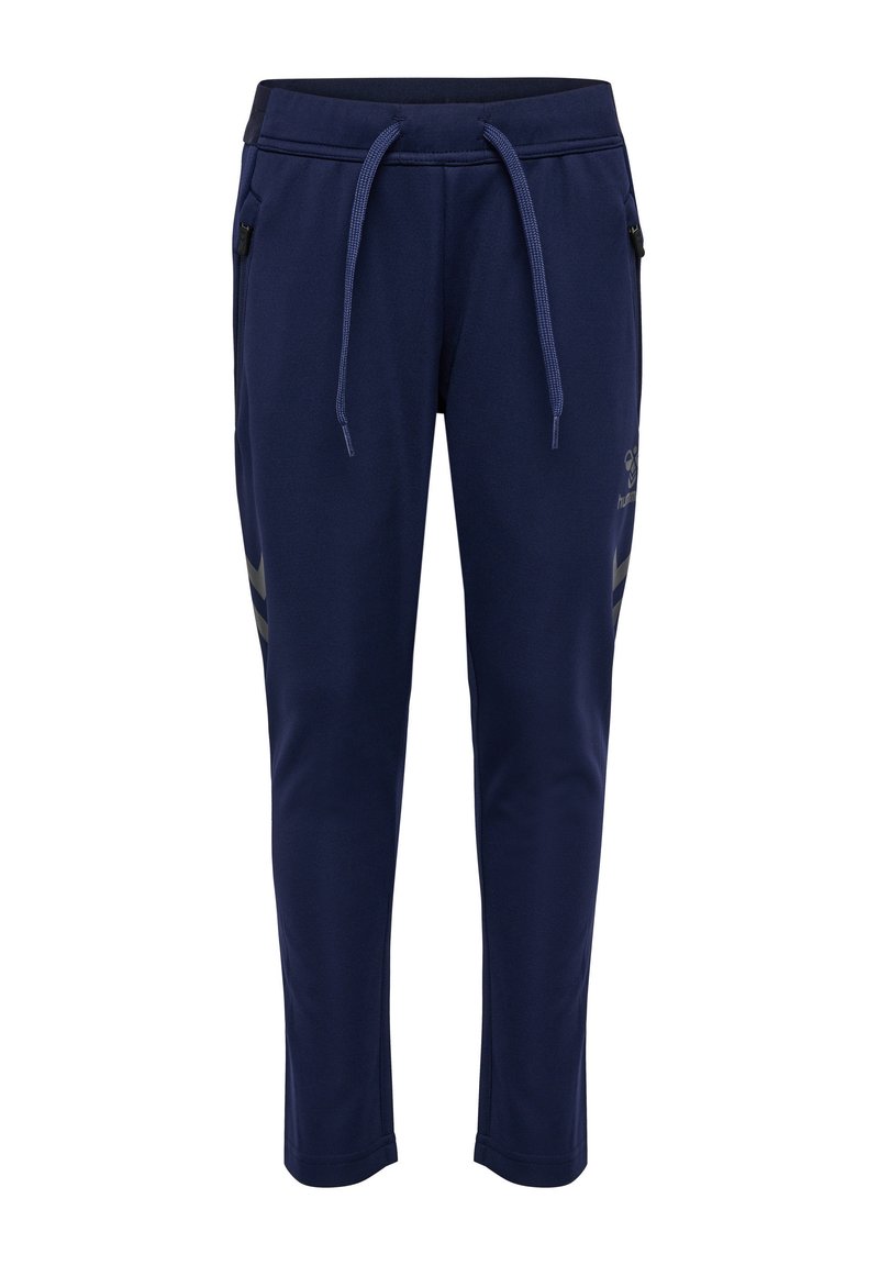 Marineblaue Jogginghosen aus weichem Stoff, mit einem elastischen Bund und Kordelzug, seitlichen Taschen und kontrastierenden grauen Streifen.