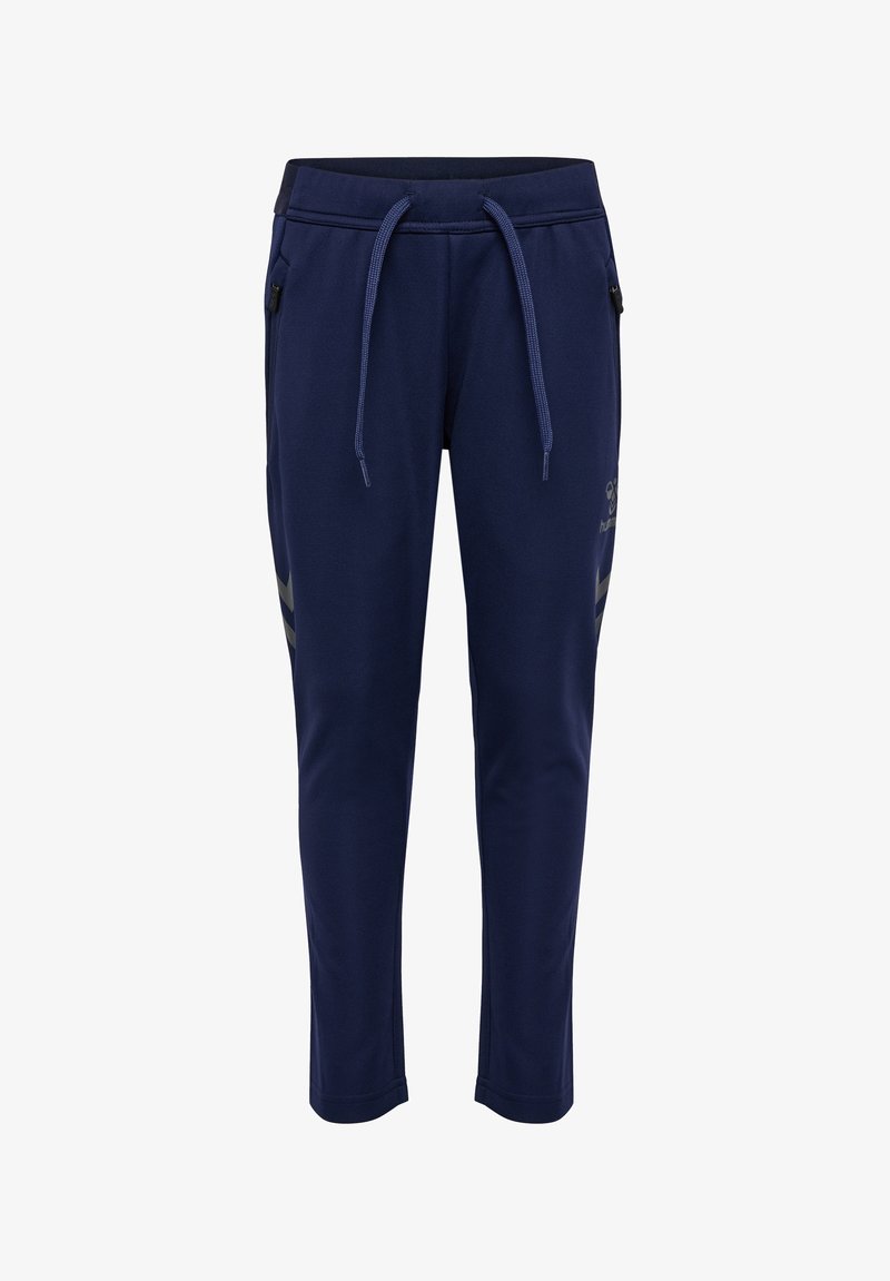 Navy blauwe joggingsbroeken van zachte stof, met een elastische tailleband met een trekkoord, zijzakken en contrasterende grijze strepen.
