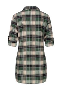 Camicia a quadri in tonalità beige, verde, nero e bianco. Presenta un colletto, maniche arrotolabili e un orlo leggermente curvato.