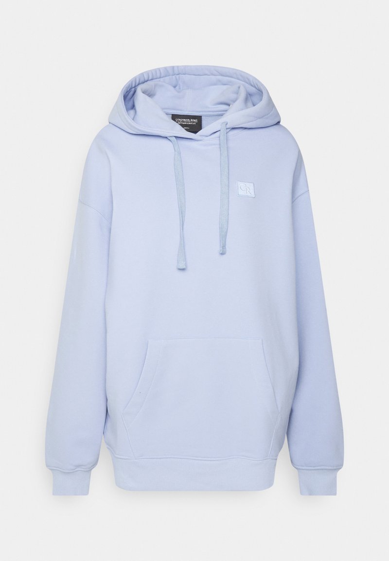 Světle modrá mikina z bavlněné směsi, s přední kapsou, stahovací kapucí, žebrovanými manžetami a malým vyšitým logem.