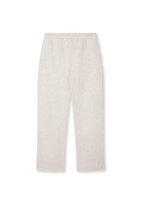 Pantalones de tela suave en gris claro, con un corte relajado, que cuentan con una cinturilla elástica y piernas rectas, sin costuras ni patrones visibles.